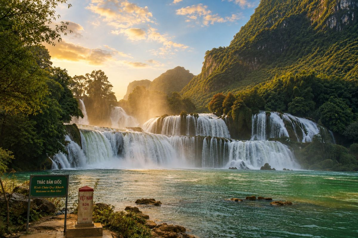 Ban Gioc Waterfall in Cao Bang province, Vietnam, with three cascading tiers visible across the full width of the Quay Son River.